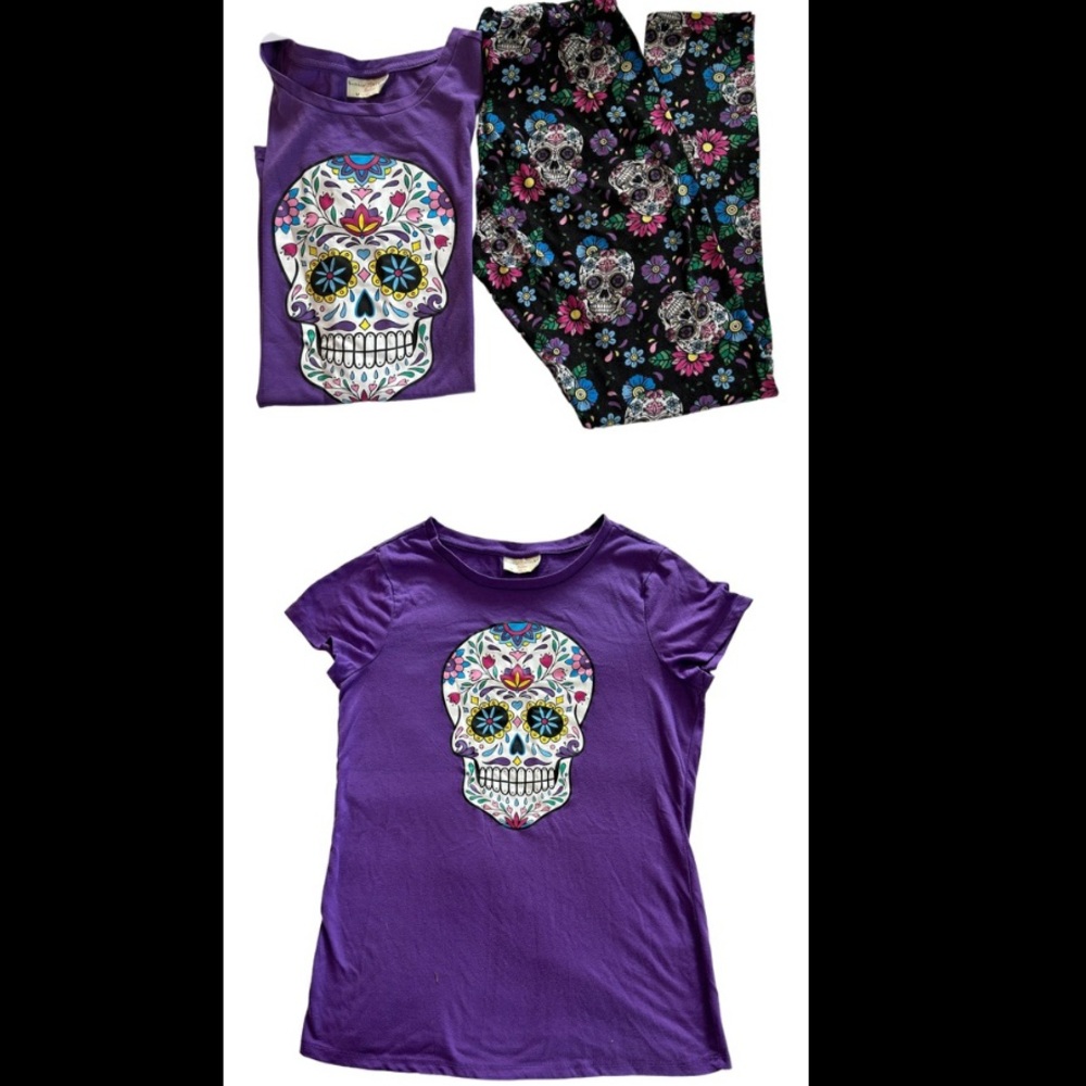 •BOBBIE BROOKS•NWT PURPLE SKULL SHIRT & BLACK FLORAL SKULL LEGGINGS SET SIZE XL - Picture 2 of 5